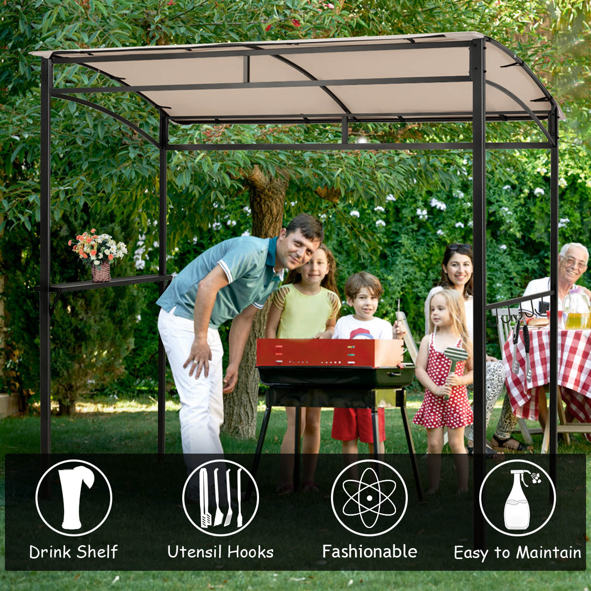 Patio Barbecue Canopy with Serving Shelf and Storage Hooks for Garden-Beige
