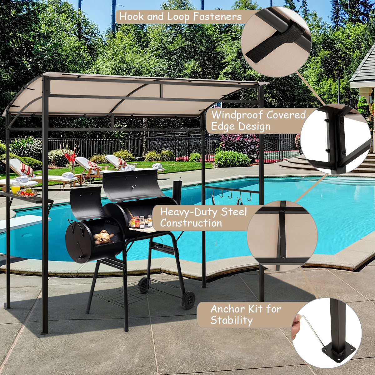 Patio Barbecue Canopy with Serving Shelf and Storage Hooks for Garden-Beige