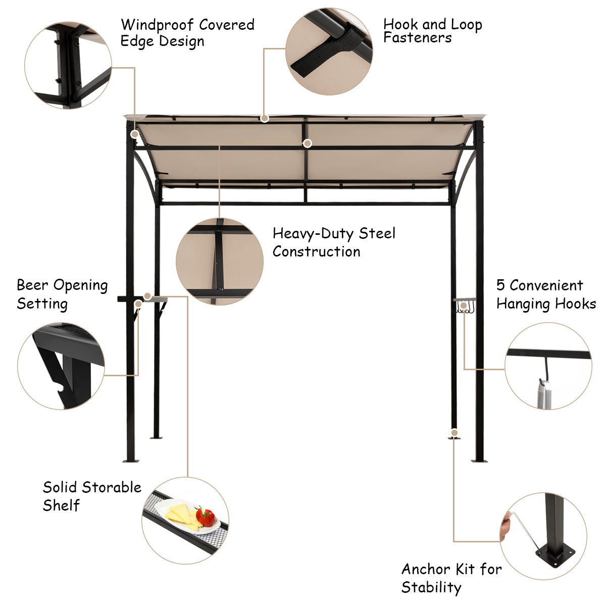 Patio Barbecue Canopy with Serving Shelf and Storage Hooks for Garden-Beige