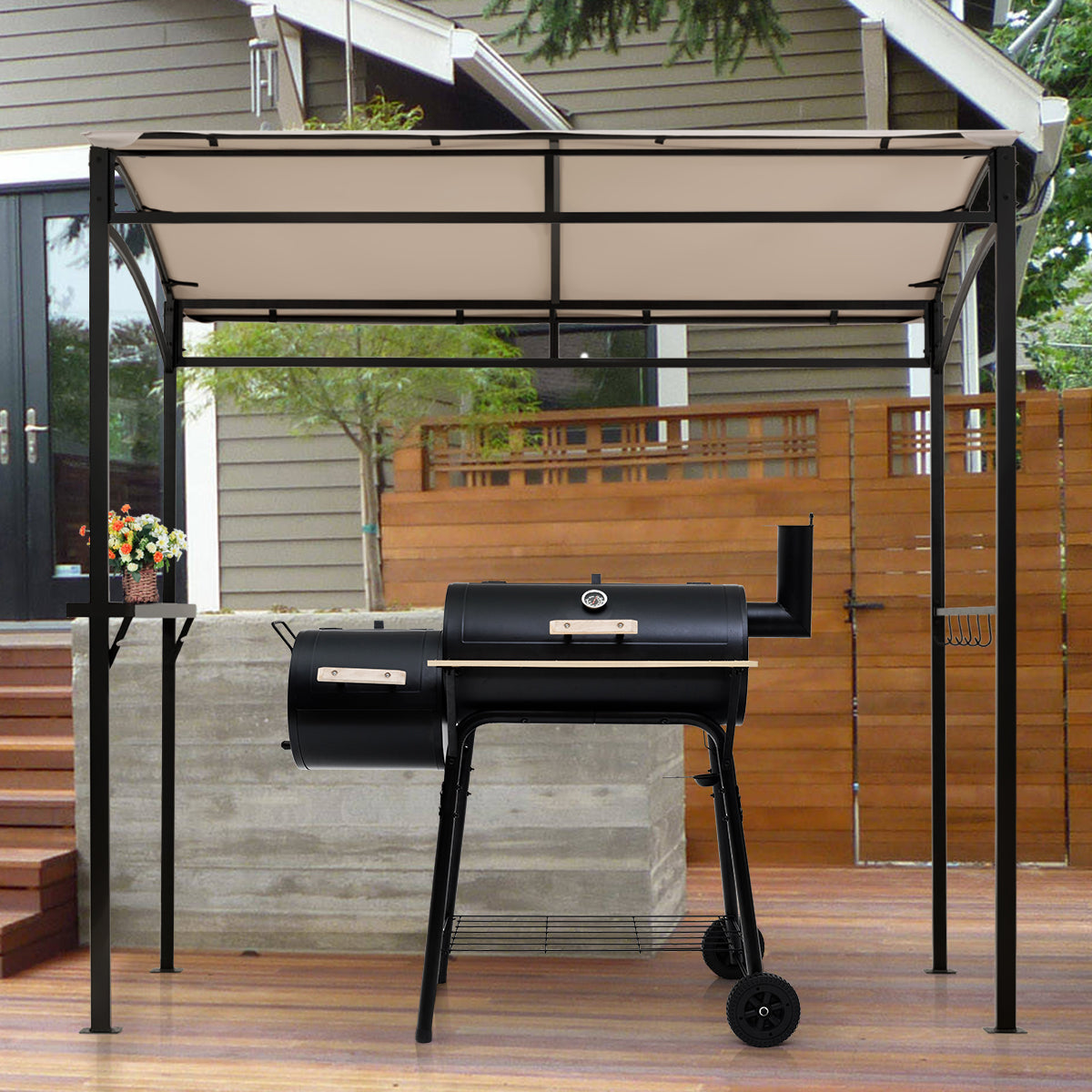Patio Barbecue Canopy with Serving Shelf and Storage Hooks for Garden-Beige