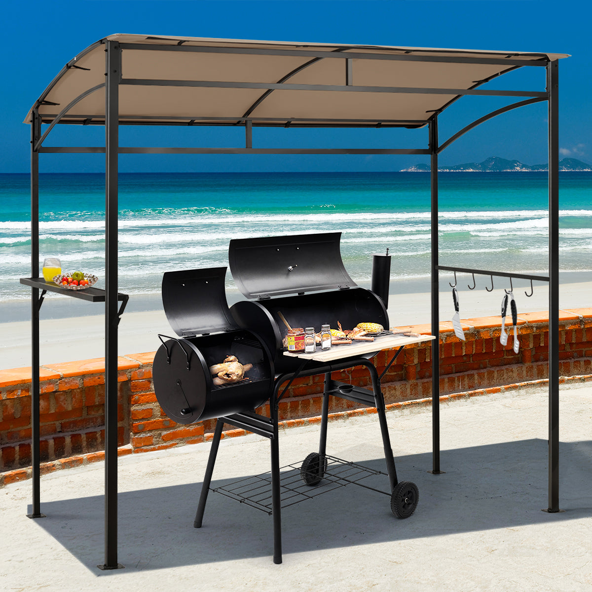 Patio Barbecue Canopy with Serving Shelf and Storage Hooks for Garden-Coffee