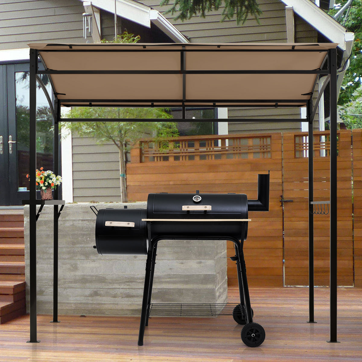 Patio Barbecue Canopy with Serving Shelf and Storage Hooks for Garden-Coffee