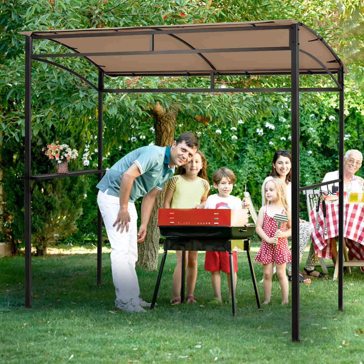 Patio Barbecue Canopy with Serving Shelf and Storage Hooks for Garden-Coffee