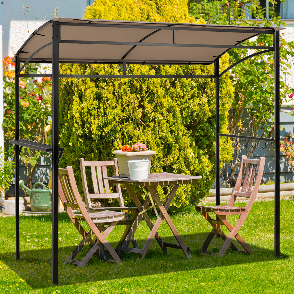 Patio Barbecue Canopy with Serving Shelf and Storage Hooks for Garden-Coffee