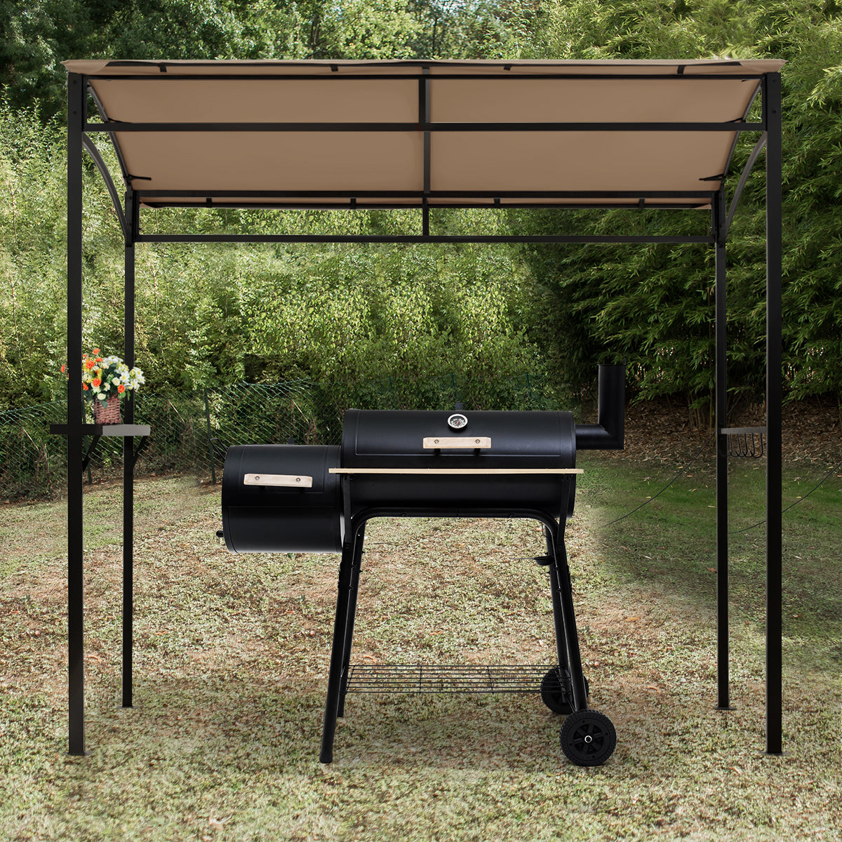 Patio Barbecue Canopy with Serving Shelf and Storage Hooks for Garden-Coffee