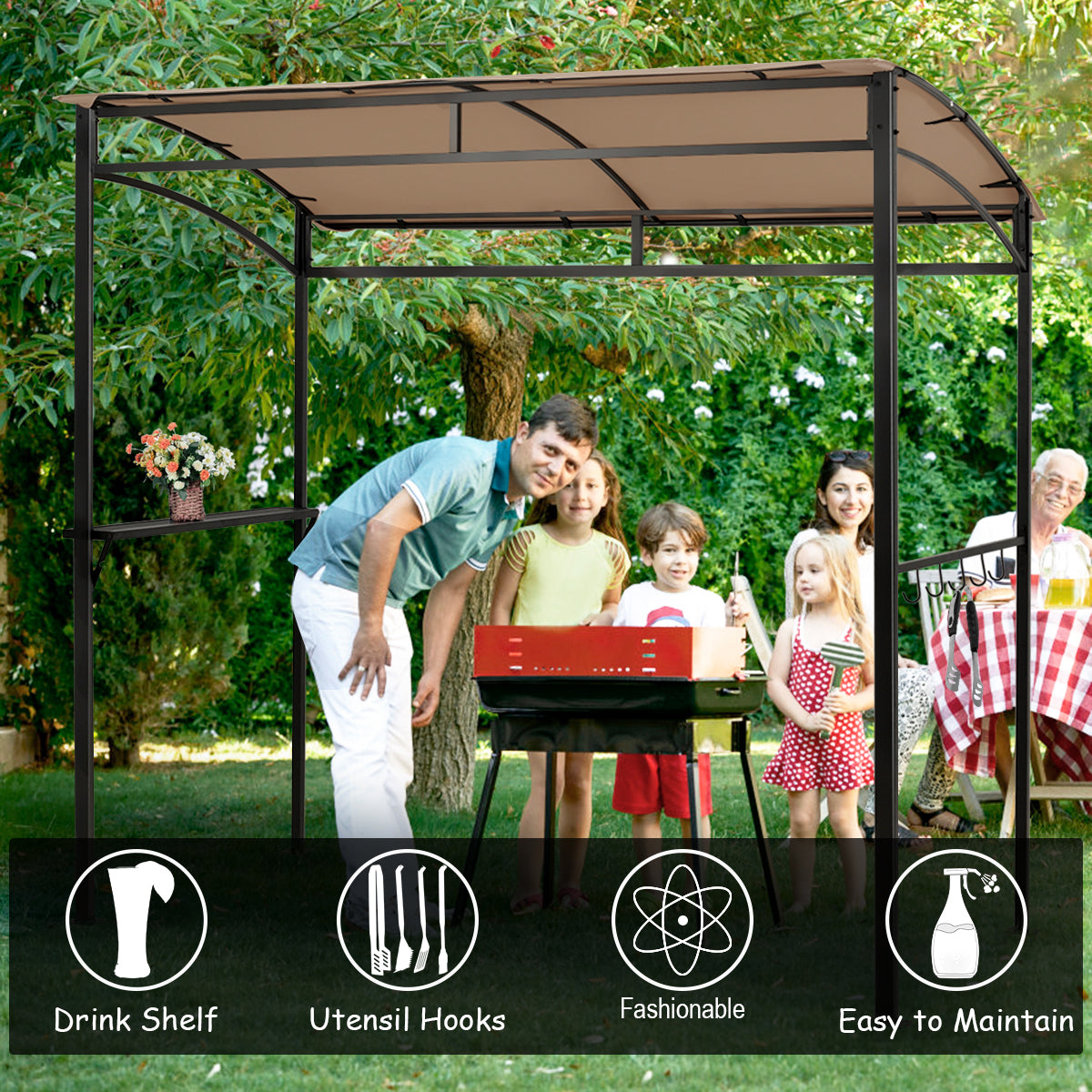 Patio Barbecue Canopy with Serving Shelf and Storage Hooks for Garden-Coffee