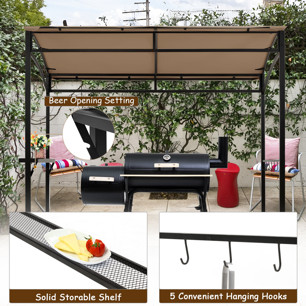 Patio Barbecue Canopy with Serving Shelf and Storage Hooks for Garden-Coffee