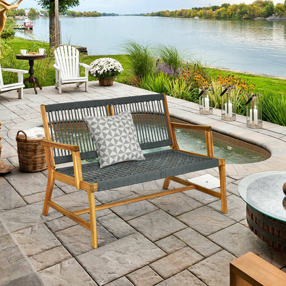 Costway Patio Acacia Wood Bench Chair Outdoor Furniture for Garden-Gray