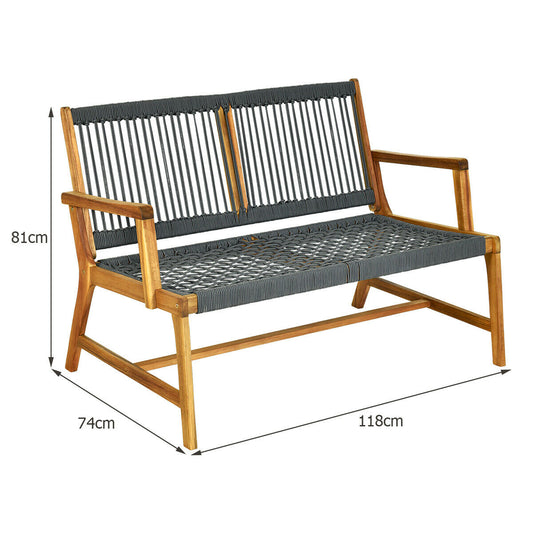 Two-person patio rope bench combines acacia wood durability with breathable woven seating