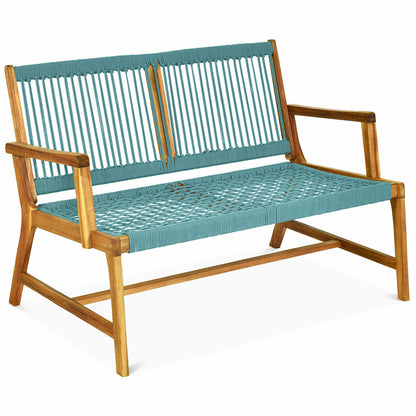 Costway Patio Acacia Wood Bench Chair Outdoor Furniture for Garden-Turquoise
