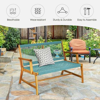 Costway Patio Acacia Wood Bench Chair Outdoor Furniture for Garden-Turquoise