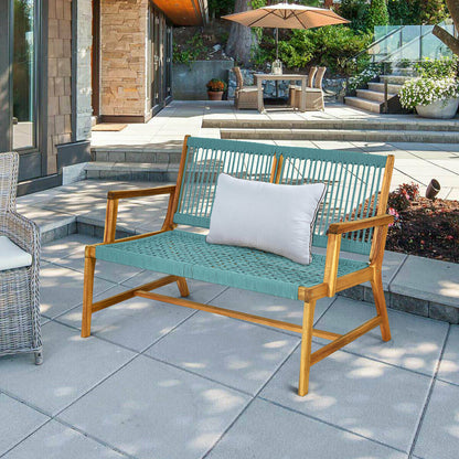 Costway Patio Acacia Wood Bench Chair Outdoor Furniture for Garden-Turquoise