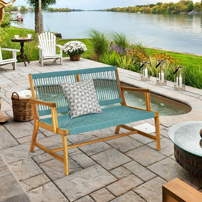 Costway Patio Acacia Wood Bench Chair Outdoor Furniture for Garden-Turquoise