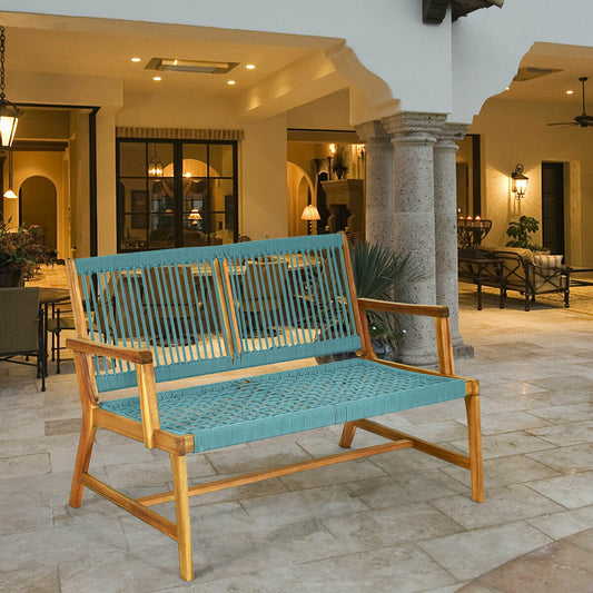 Costway Patio Acacia Wood Bench Chair Outdoor Furniture for Garden-Turquoise