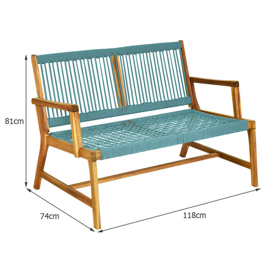 Two-person patio rope bench combines solid acacia wood with a breathable woven rope seat and backrest