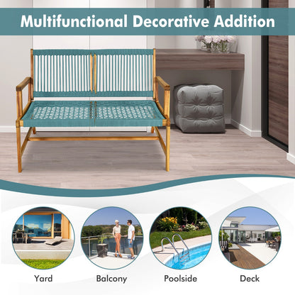 Costway Patio Acacia Wood Bench Chair Outdoor Furniture for Garden-Turquoise