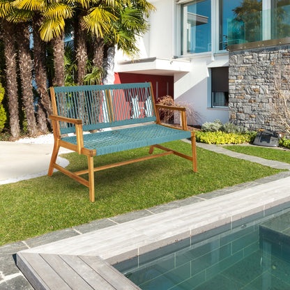 Costway Patio Acacia Wood Bench Chair Outdoor Furniture for Garden-Turquoise