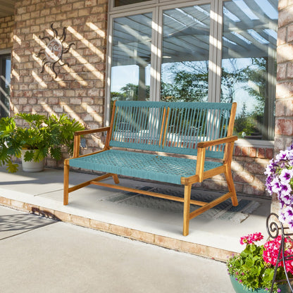 Costway Patio Acacia Wood Bench Chair Outdoor Furniture for Garden-Turquoise