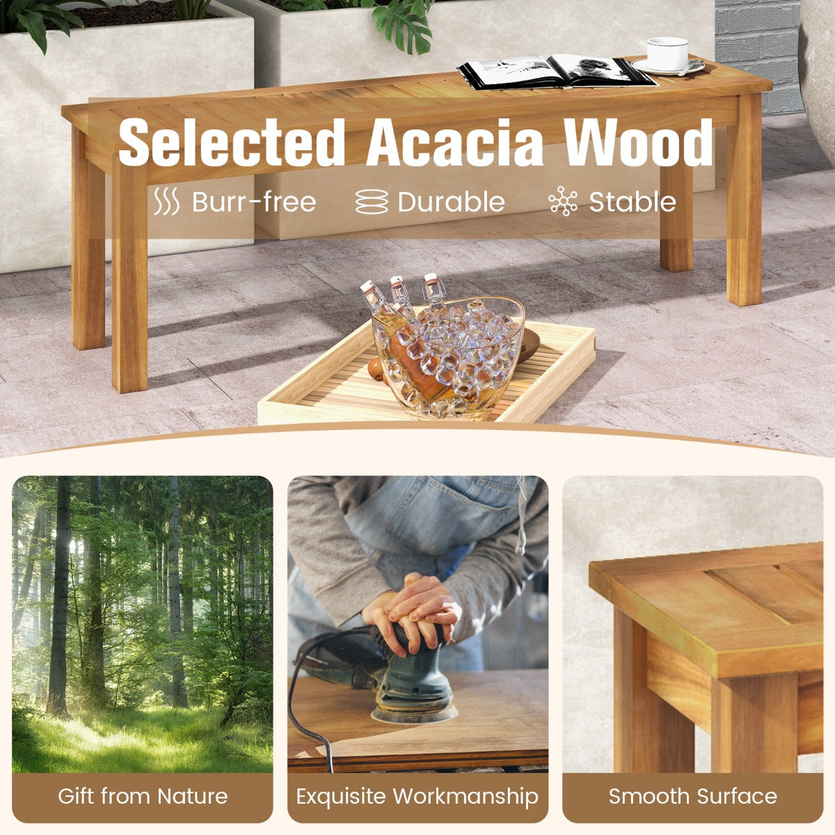 132 cm Outdoor Acacia Wood Dining Bench Chair with Slatted Seat