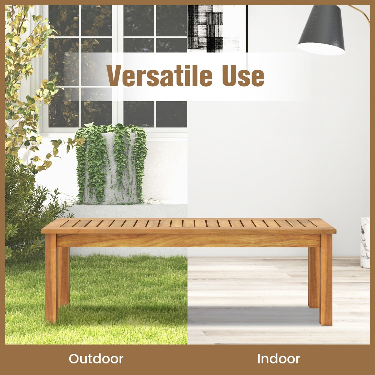 132 cm Outdoor Acacia Wood Dining Bench Chair with Slatted Seat