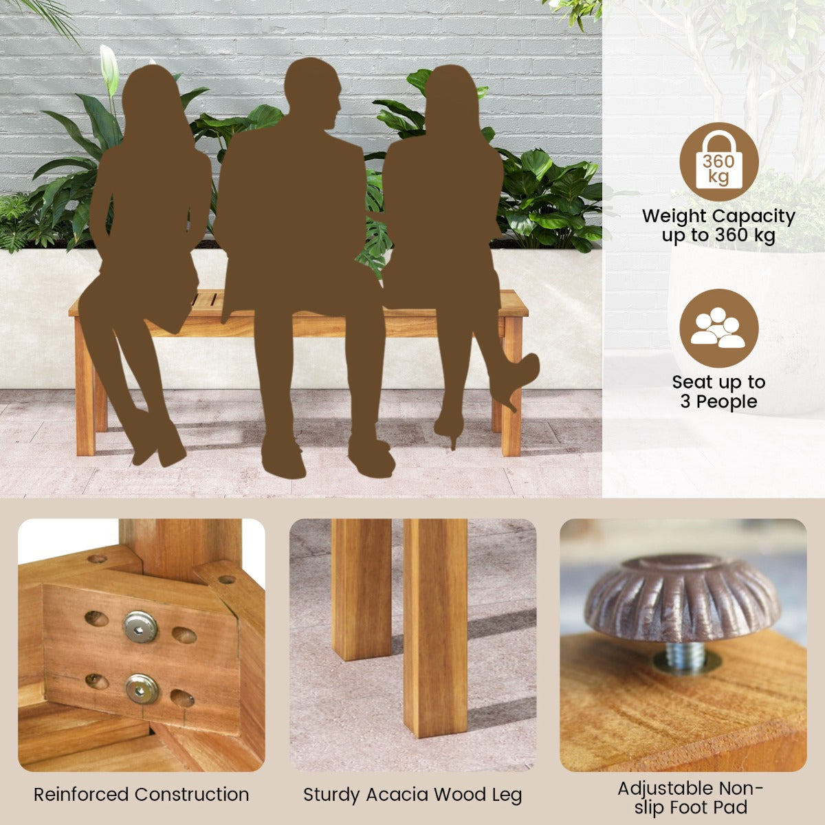 132 cm Outdoor Acacia Wood Dining Bench Chair with Slatted Seat