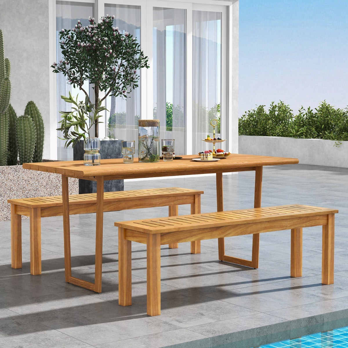 132 cm Outdoor Acacia Wood Dining Bench Chair with Slatted Seat