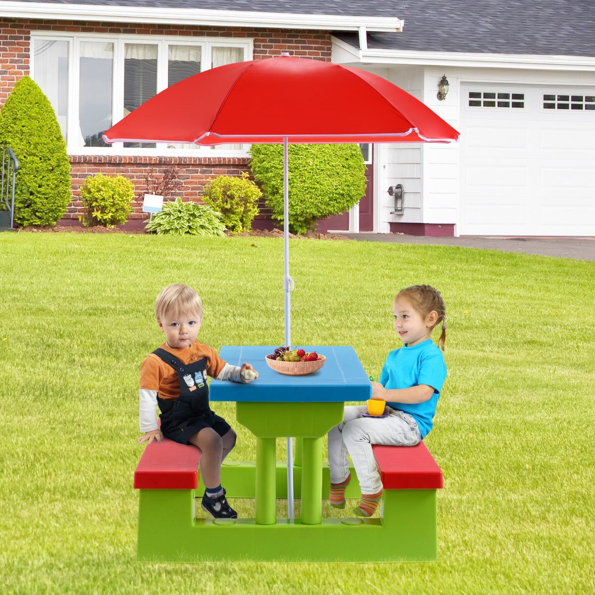 Kids Picnic Table Set with Removable Umbrella for Tea Time