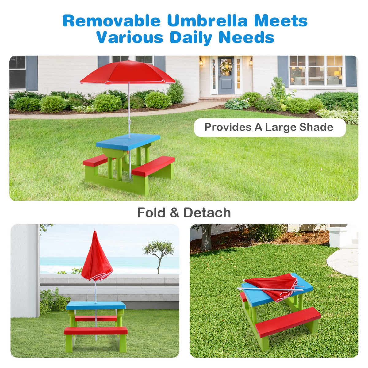 Kids Picnic Table Set with Removable Umbrella for Tea Time