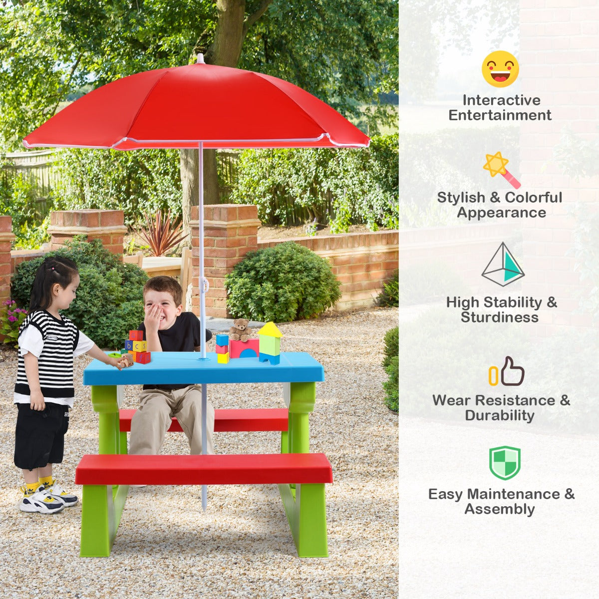 Kids Picnic Table Set with Removable Umbrella for Tea Time