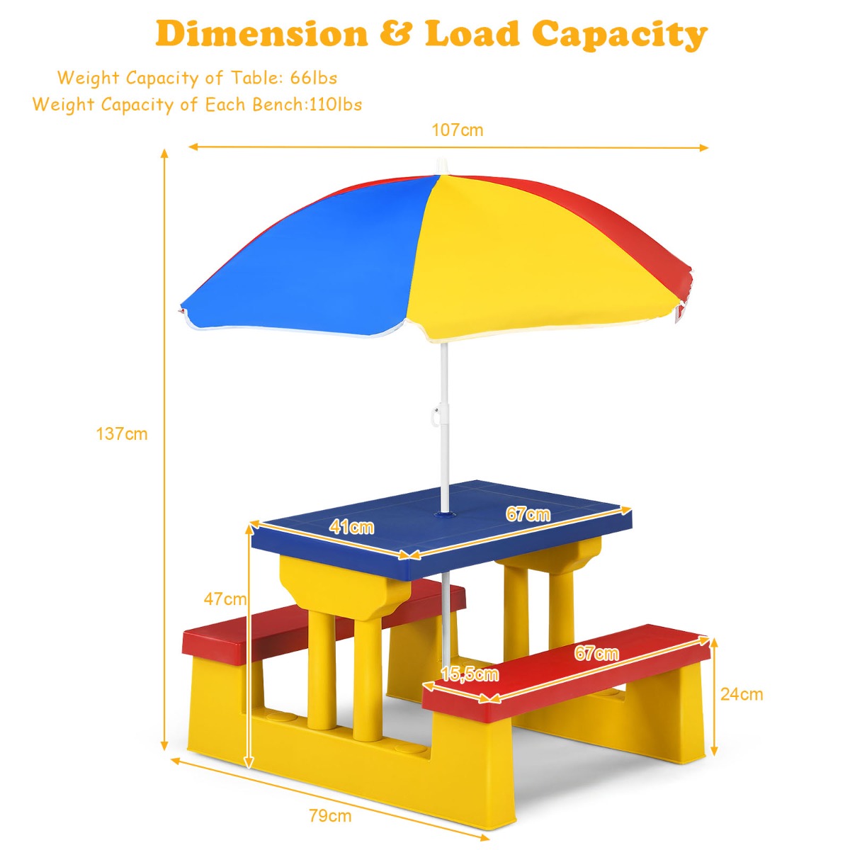 Kids Colorful Picnic Table Set with Removable Umbrella