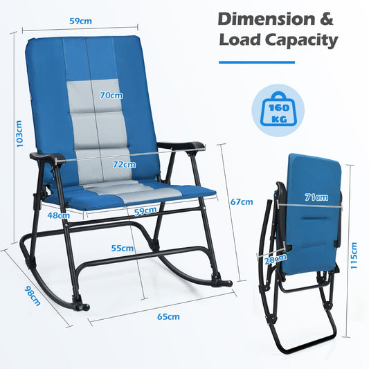 Foldable rocking chair with powder-coated steel frame, Oxford fabric, cushion, and wide armrests