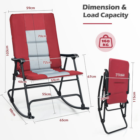 Foldable outdoor rocking chair combines a powder-coated steel frame with durable Oxford fabric for lasting use
