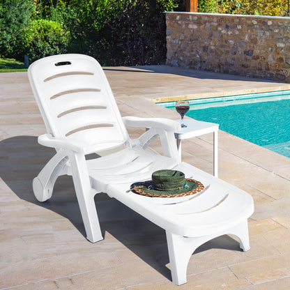 Costway Adjustable Chaise Lounge Chair with Built-In Wheels for Patio White