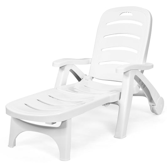 Costway Adjustable Chaise Lounge Chair with Built-In Wheels for Patio White