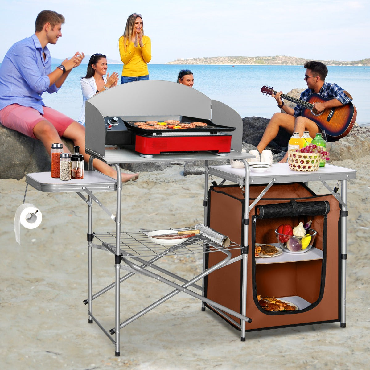 Folding Camping Table with Storage &amp; Windscreen for BBQ &amp; Party-Coffee