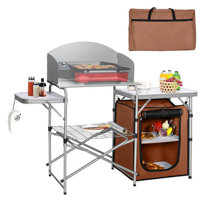 Folding Camping Table with Storage &amp; Windscreen for BBQ &amp; Party-Coffee