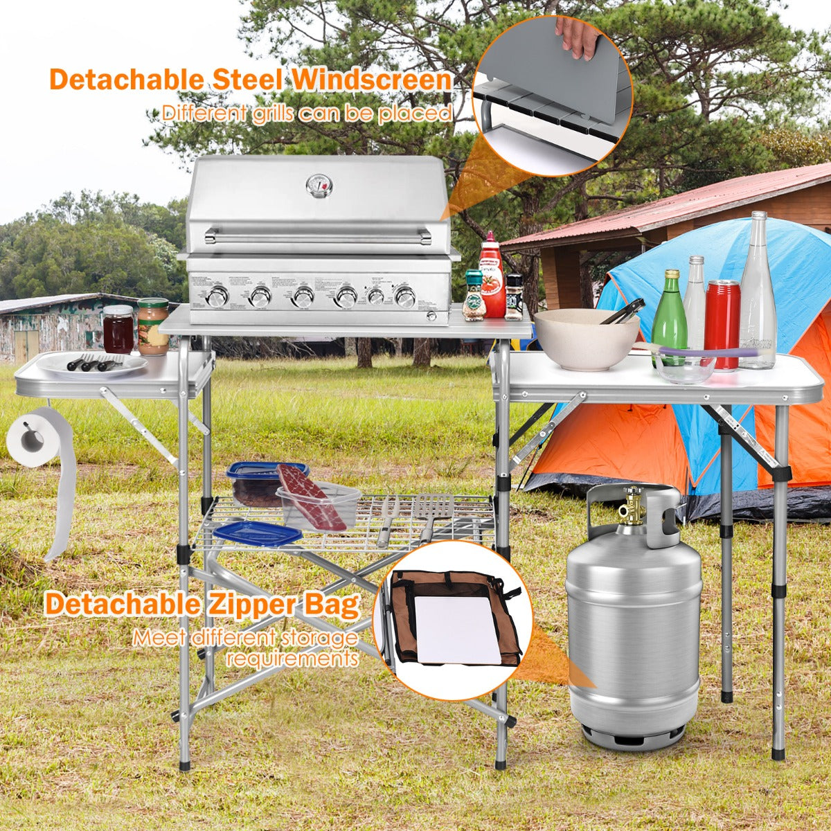 Folding Camping Table with Storage &amp; Windscreen for BBQ &amp; Party-Coffee
