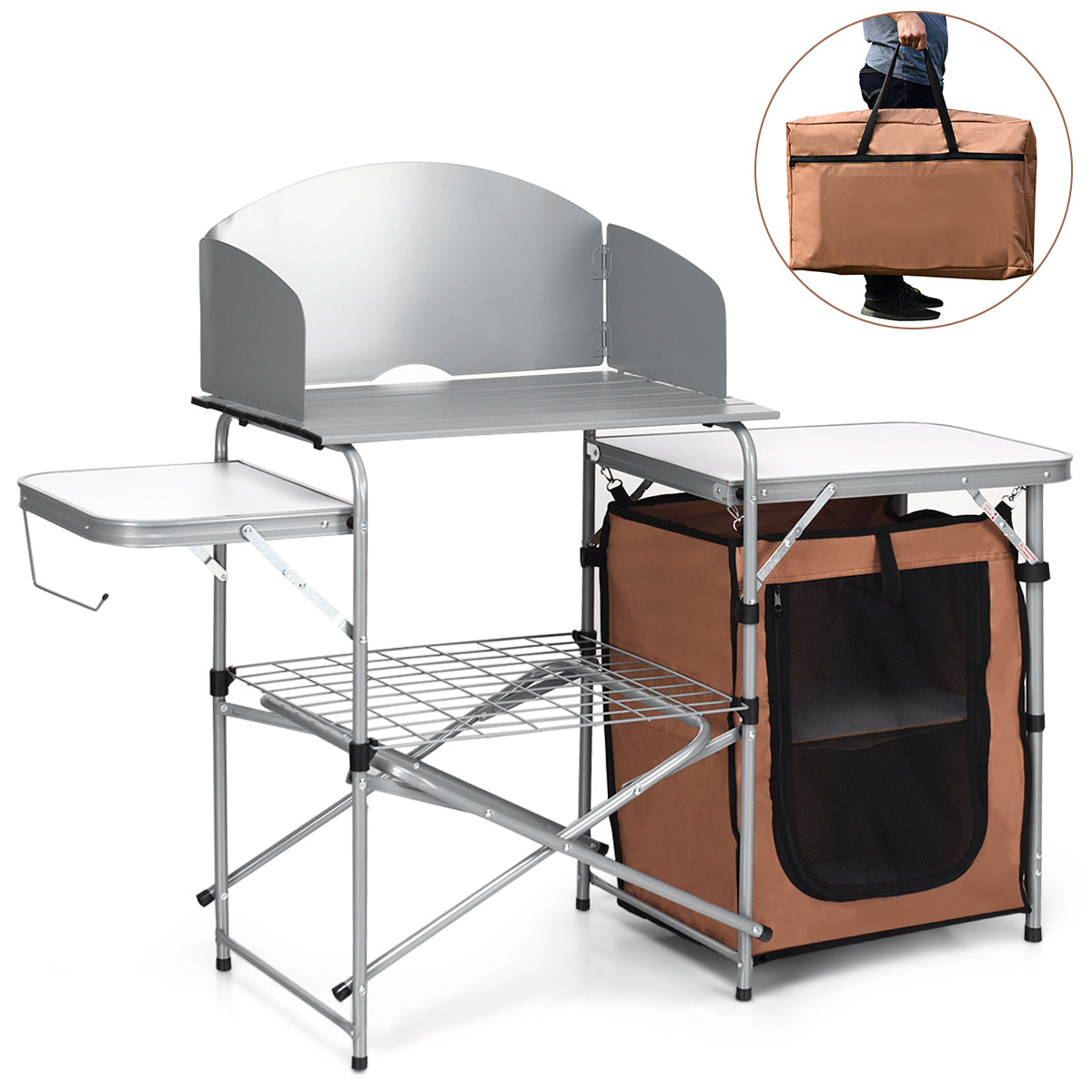 Folding Camping Table with Storage &amp; Windscreen for BBQ &amp; Party-Coffee