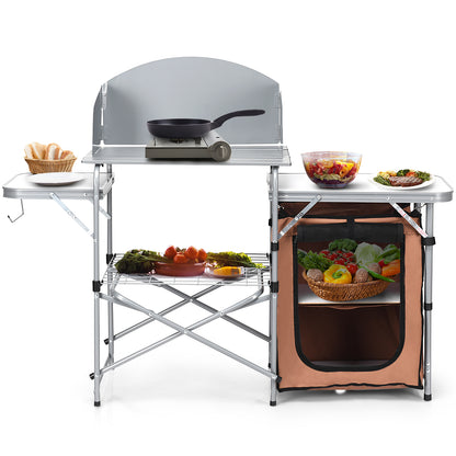 Folding Camping Table with Storage &amp; Windscreen for BBQ &amp; Party-Coffee