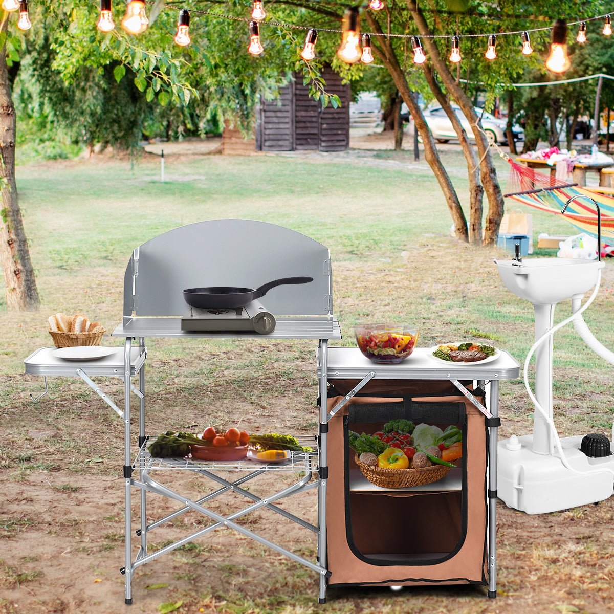 Folding Camping Table with Storage &amp; Windscreen for BBQ &amp; Party-Coffee