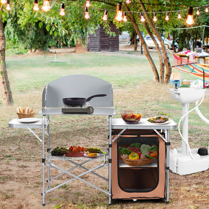 Folding Camping Table with Storage &amp; Windscreen for BBQ &amp; Party-Coffee