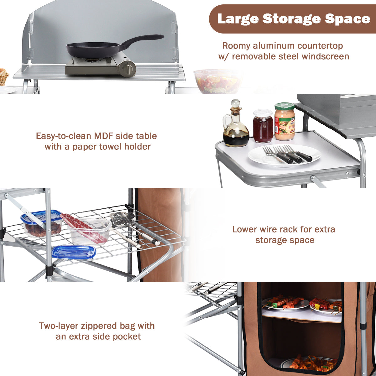 Folding Camping Table with Storage &amp; Windscreen for BBQ &amp; Party-Coffee