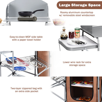 Folding Camping Table with Storage &amp; Windscreen for BBQ &amp; Party-Coffee