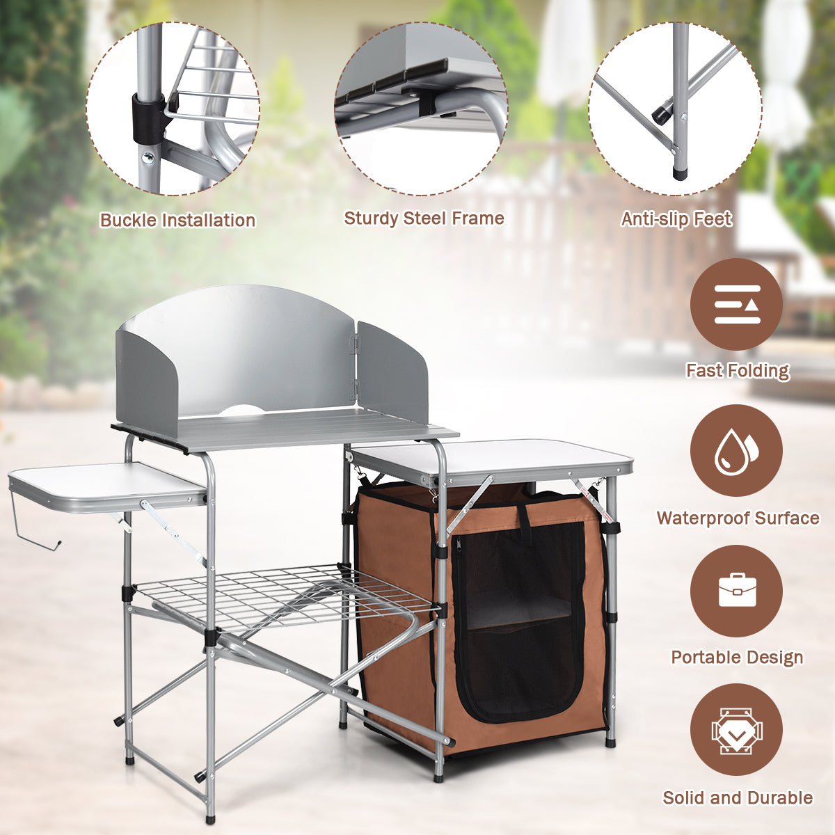 Folding Camping Table with Storage &amp; Windscreen for BBQ &amp; Party-Coffee