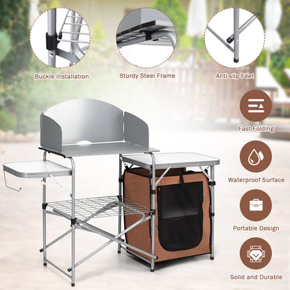 Folding Camping Table with Storage &amp; Windscreen for BBQ &amp; Party-Coffee