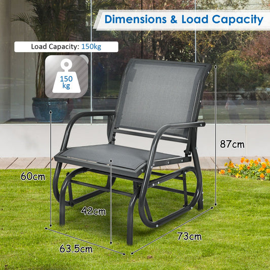 Outdoor rocking glider chair combines breathable fabric seating with a durable powder-coated steel frame