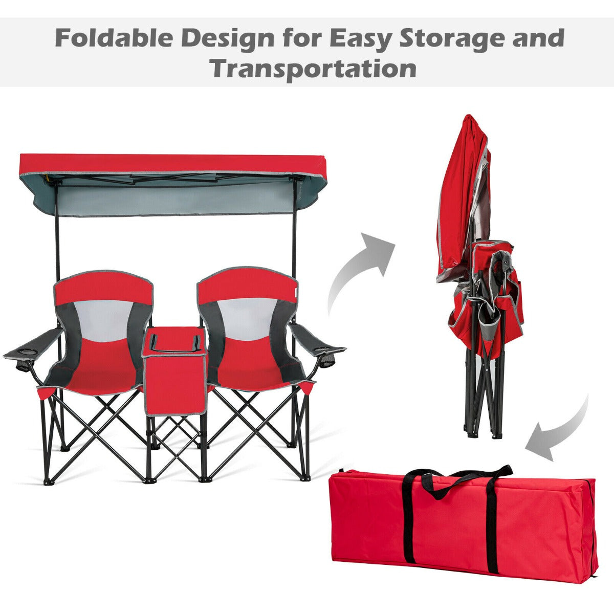 Double Folding Camping Chair with Canopy and Armrests-Red