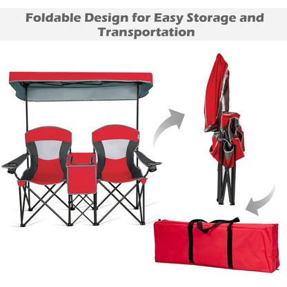 Double Folding Camping Chair with Canopy and Armrests-Red