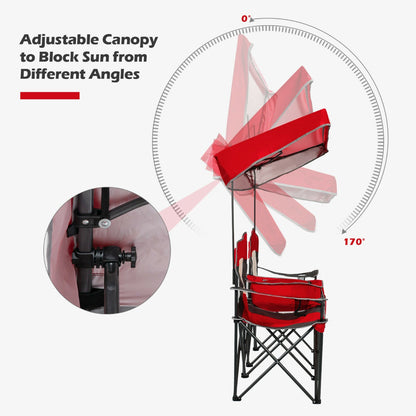 Double Folding Camping Chair with Canopy and Armrests-Red