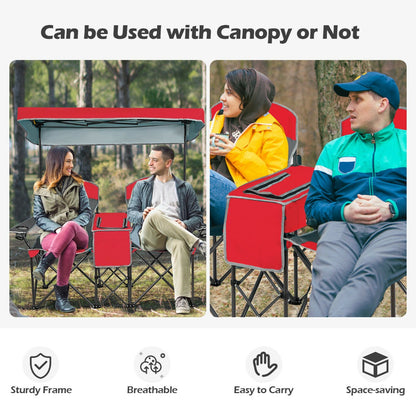 Double Folding Camping Chair with Canopy and Armrests-Red
